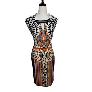 ECI New York Blue & Orange Pencil Dress Stretch Fabric Sz 8 Nwt Geometric Aztec